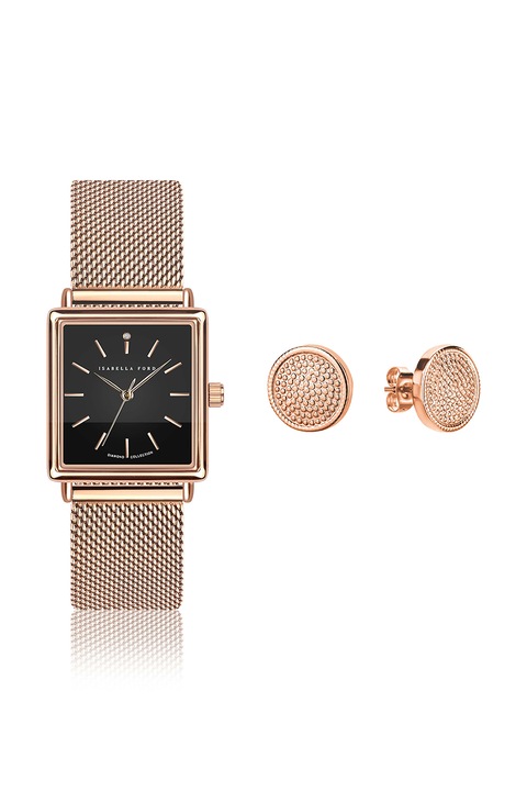 Isabella Ford, Set de ceas dreptunghiular si cercei, Auriu rose