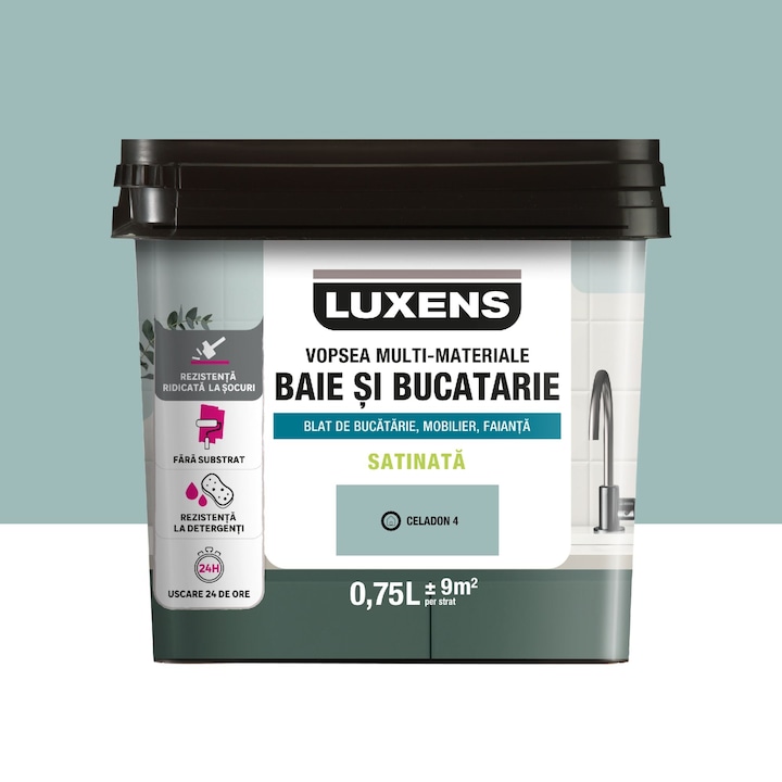 Мултиматериална боя Luxens на водна основа за баня и кухня, селадоново зелено 4, сатенена визия, 0,75 л