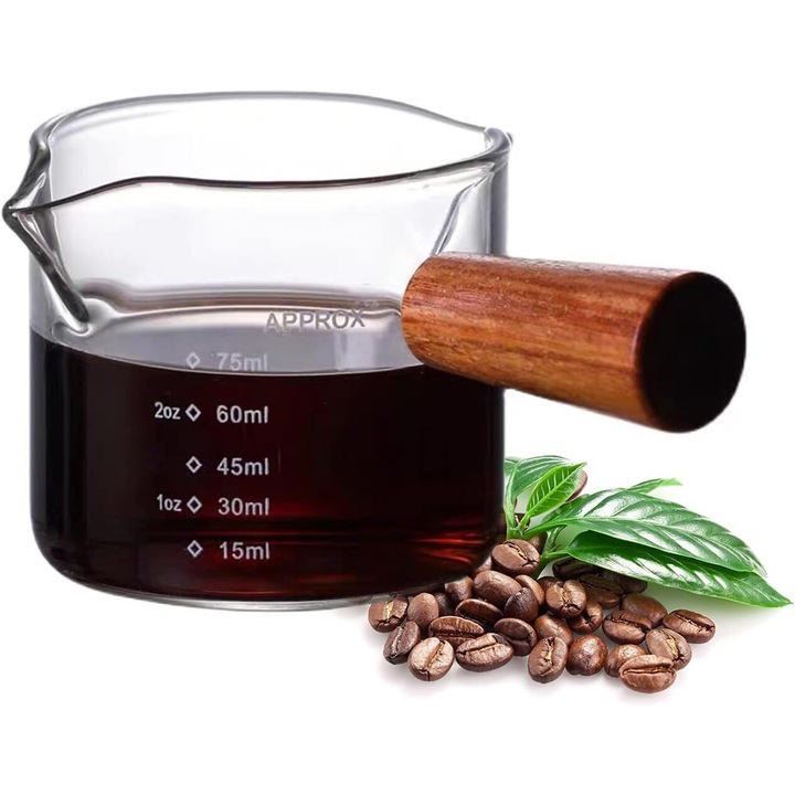 Cupa de masurare 75ml din sticla borosilicata cu maner din lemn, rezistenta la caldura, pentru barista si gatit