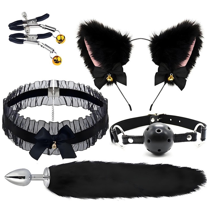 Комплект бондидж аксесоари, 5 части, Диадема с котешки уши, Лисича опашка, Черен