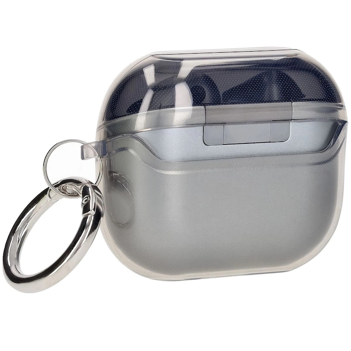 Fülhallgató tok karabinerrel, Bizon, Samsung Galaxy Buds 3/3 Pro kompatibilis, TPU, Szürke/Átlátszó fekete