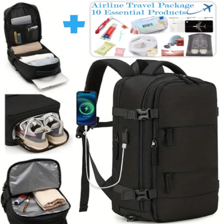 Rucsac Calatorie Avion, 40x30x20 cm, Bagaj de Mana cu 10 Produse Aprobate TSA Incluse; Acceptat de WizzAir, RyanAir; Impermeabil; Compartimente: Incaltaminte, Obiecte Umede si Laptop; Port USB; Sistem Agatare pe Troler; Intaritura Spate cu Burete; Negru