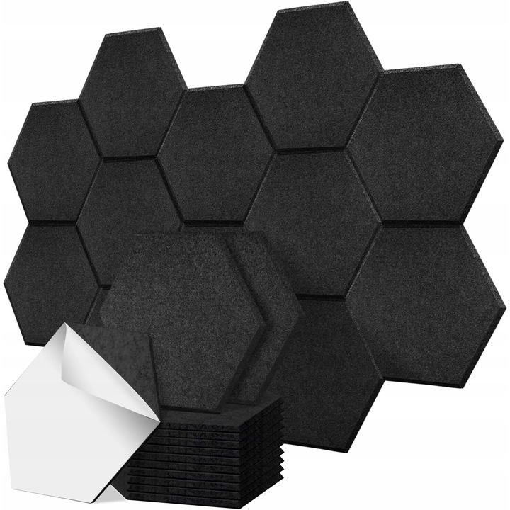 Set 12 panouri Acustice Hexagonale, Luka, 28x24x0,9cm, Culoare Neagra, Autocolante
