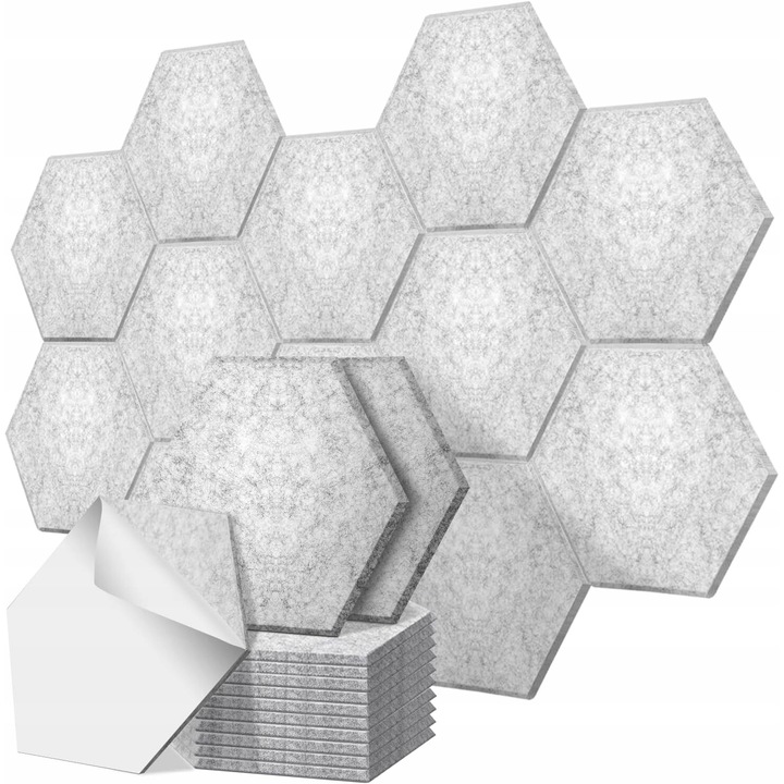 Set 12 Panele Acustice Hexagonale Autocolante, Luka, Gri, 28x24x0,9cm