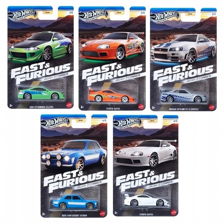 Комплект от 5 коли Hot Wheels, Бързи и яростни Brian O'Connor, JBY29, Toyota Supra, Nissan Skyline, Mitsubishi, Ford и др., метал, 7 см, многоцветни