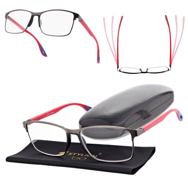 Ochelari de citit corectivi pentru barbati, Stylion, otel, +2.25 dioptrii, grafit/rosu inchis/albastru, set cu etui si laveta