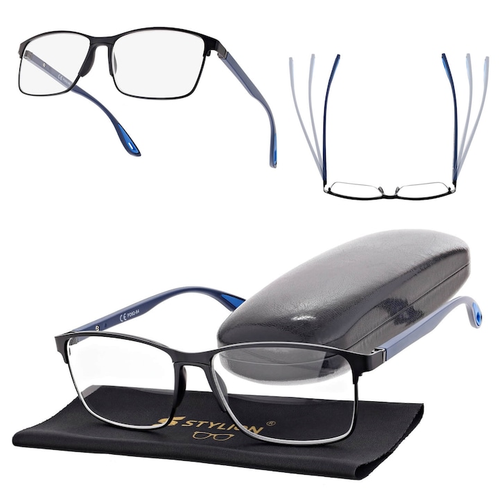 Ochelari de vedere pentru citit, Stylion, model ST336, +1.75 dioptrii, negru-albastru, set cu etui si stergator