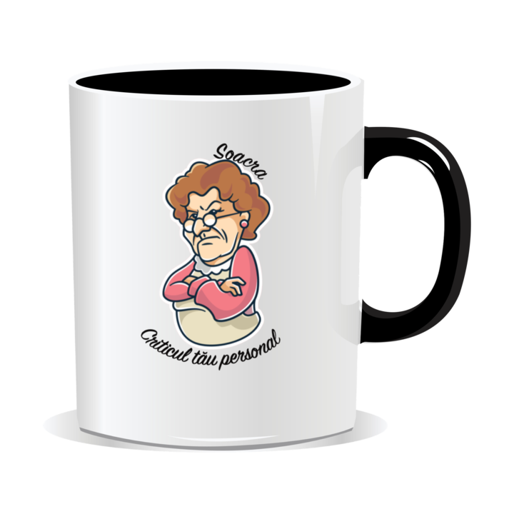Cana personalizata cu mesaje pentru soacre, Soacra, criticul tau personal, 330ml, interior negru