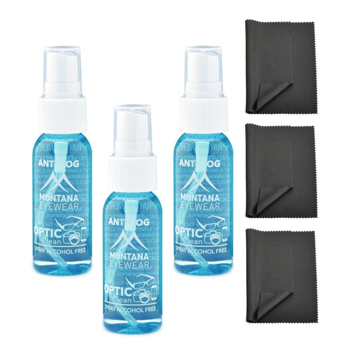 Set 6 produse Montana, 3 spray-uri anti-aburi 30ml + 3 lavete microfibra neagră 18x15cm