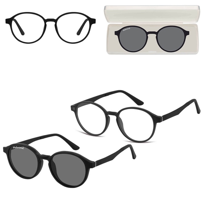 Ochelari unisex cu dioptrii si clip-on polarizator, Sunoptic, negru mat, set complet