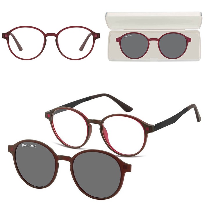 Ochelari de soare unisex Sunoptic cu optiune de corectie, bordo mat, set complet cu etui si servetel de curatare
