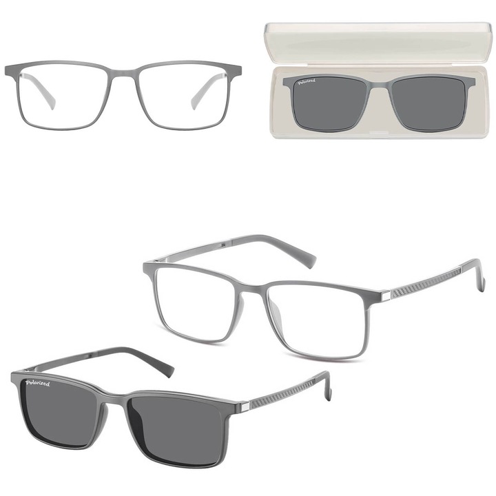 Ochelari de soare cu dioptrii, Sunoptic, cu clip-on polarizator, gri mat, set complet