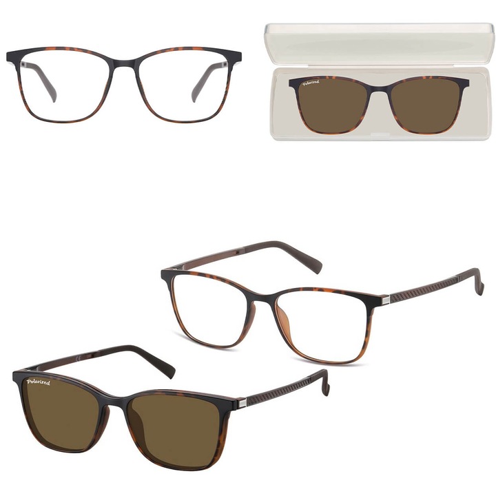 Ochelari de soare unisex cu optiune de corectie, Sunoptic, cu clip-on polarizant, culoare pantera, dimensiuni 13.8x4.5cm, set complet