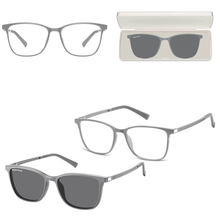 Ochelari de soare unisex cu clip-on polarizant, Sunoptic, gri mat, set complet cu etui