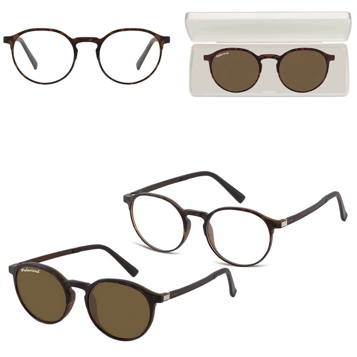 Ochelari unisex cu clip-on polarizator, accesorii incluse, 13.8x4.6cm, maro