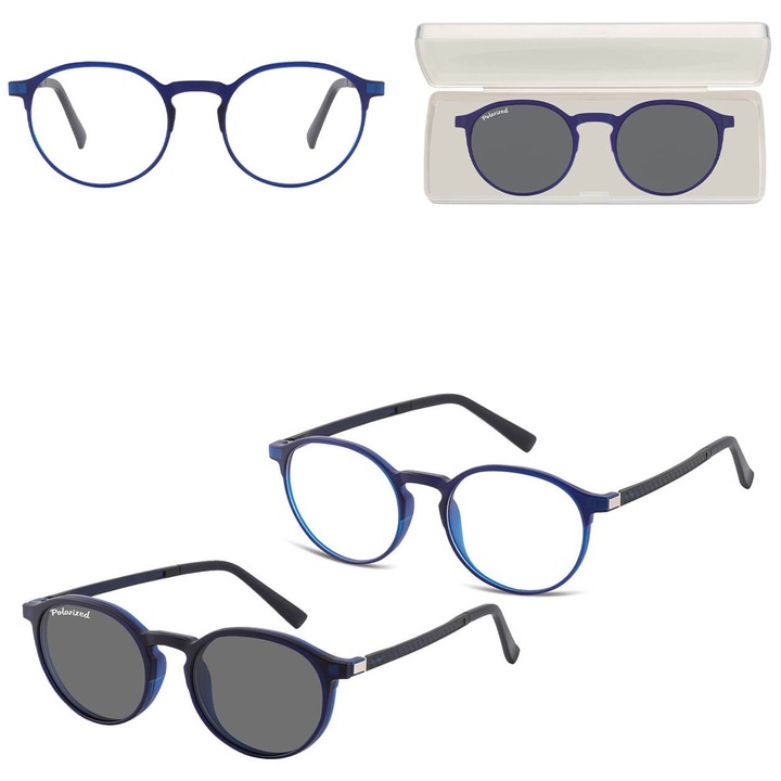 Ochelari unisex cu dioptrii si clip-on polarizator, granat, set complet