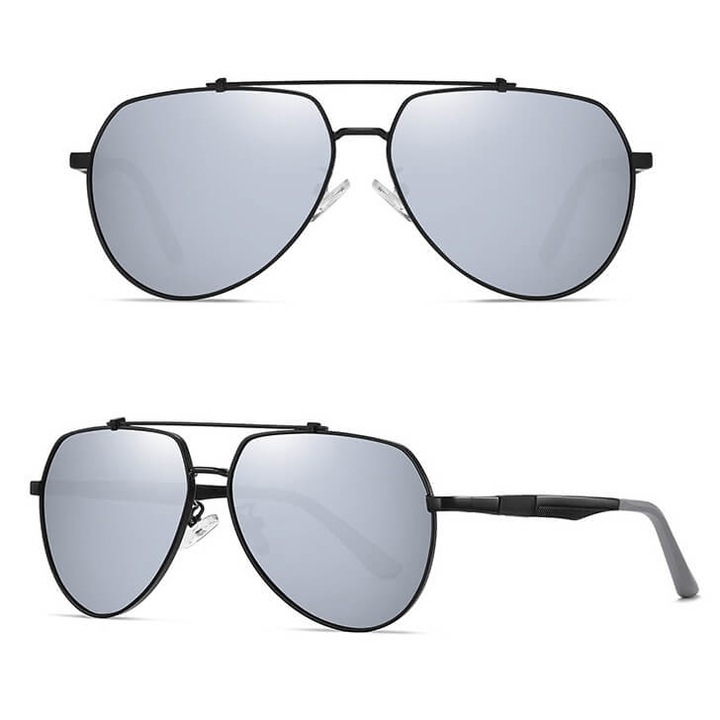 Ochelari de soare barbati, model 25163, polari, negru/mat + argintiu, dimensiuni 14x5.2cm, set cu etui si accesorii