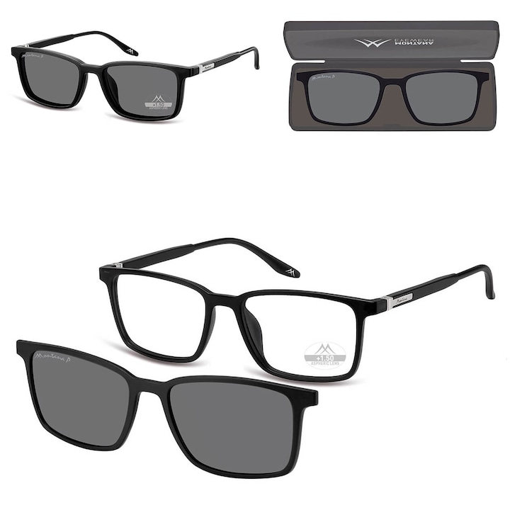 Ochelari de vedere Montana, +2.00, cu clip-on polarizat, negru, unisex, set complet