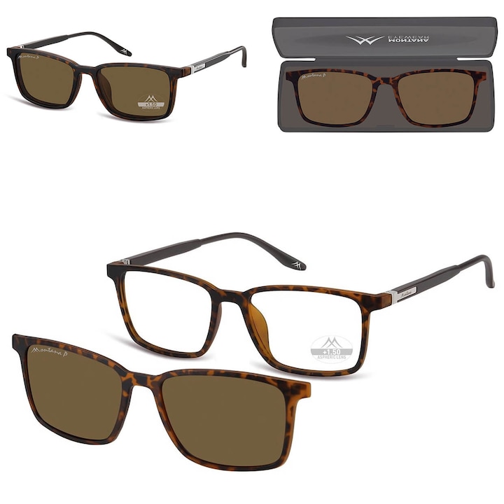 Ochelari de soare unisex Montana, +3.00 dioptrii, cu clip-on polarizat, culoare brown panter, set complet