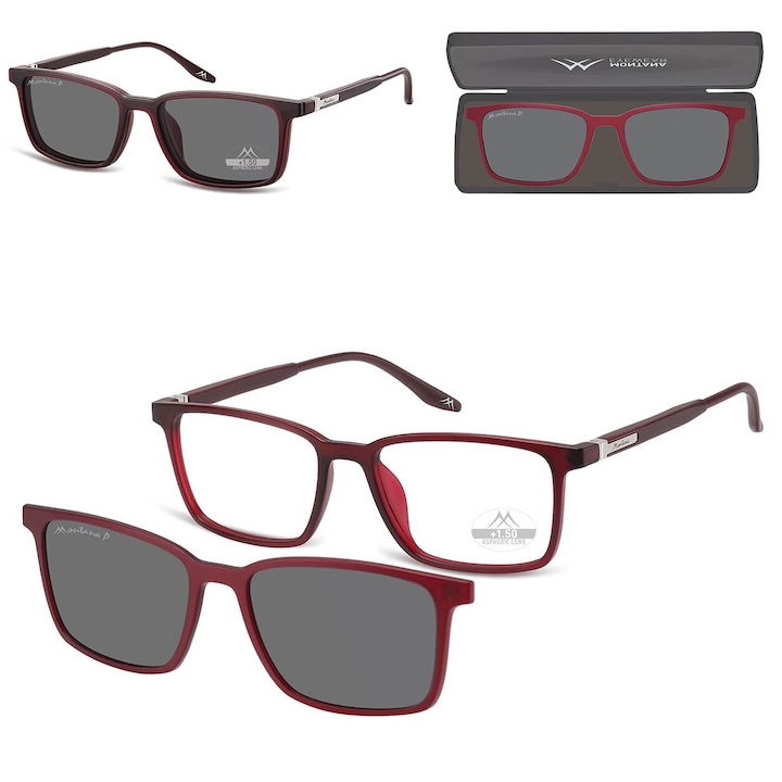 Ochelari de vedere Montana, +2.00, cu clip-on polarizat, bordo, unisex, set complet