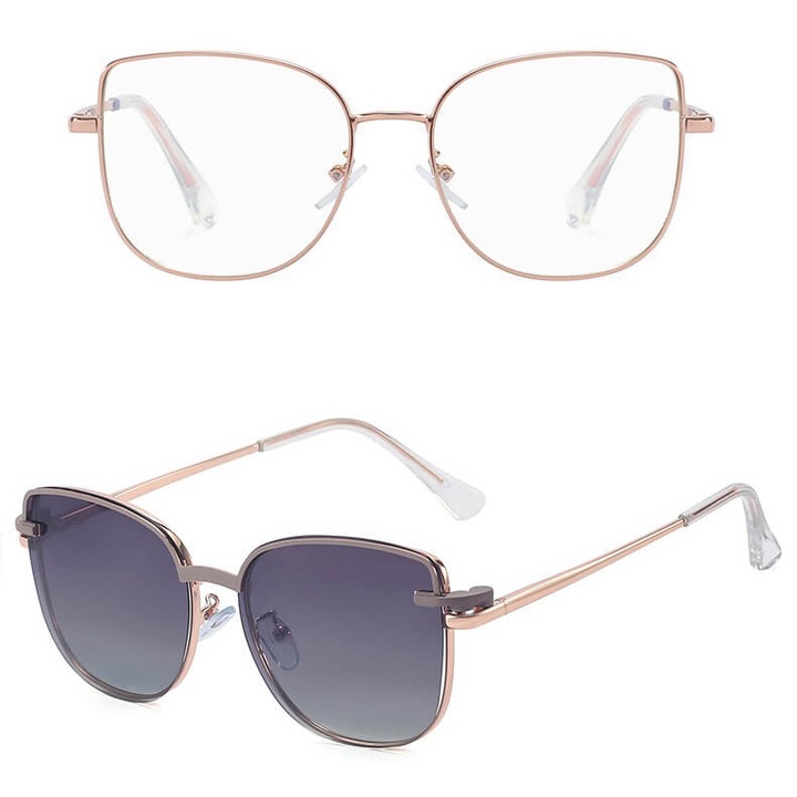 Ochelari de vedere pentru femei, cu clip-on polarizant, aurii cu detalii mov, set complet cu accesorii