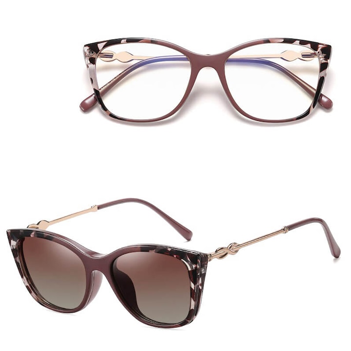 Ochelari de vedere dama 2in1 cu clip-on polarizant, brudno-violet/panterka, cu filtru de lumina albastra, set complet accesorii