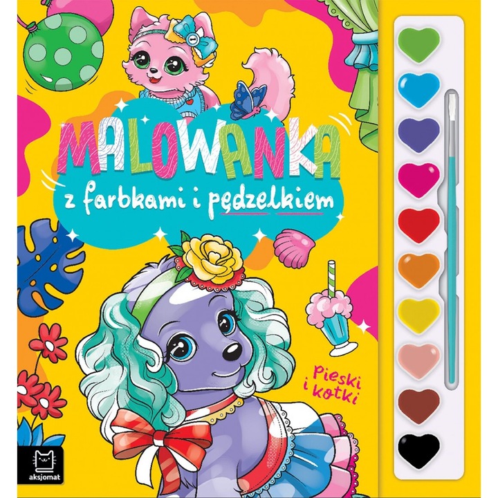 Pieski i kotki, Agata Kaczynska, 2024, carte de colorat cu 10 culori si pensula, 24 pagini