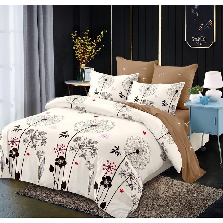 Lenjerie de pat dublu, bumbac finet, 6 piese, Cearceaf de pat 230 x 250 cm, Cearceaf pilota 200 x 230 cm, 2 Fata de perna 50 x 70 cm, 2 Fata de perna 70 x 70 cm, Multicolor, p62