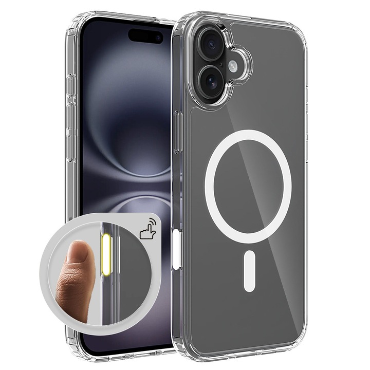IPhone 16 Plus tok, MagSafe kompatibilis, katonai fokozatú ütésálló védelem, fürge AI kamera érintőgombos mágneses telefontok iPhone 16 Plus készülékhez, átlátszó