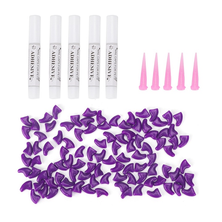 Set 100 buc. capace pentru unghii pisici, PVC, moale, mov XS Enforose
