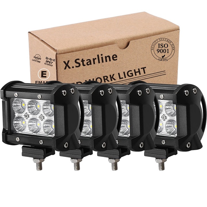 Set 4 Proiector LED Auto, Starline，Offroad Work Lights 18W 2000 Lumen Proiector LED Auxiliary Spotlights Mini Fog/Driving Lights pentru Suv Atv Jeep Camion Utilaje