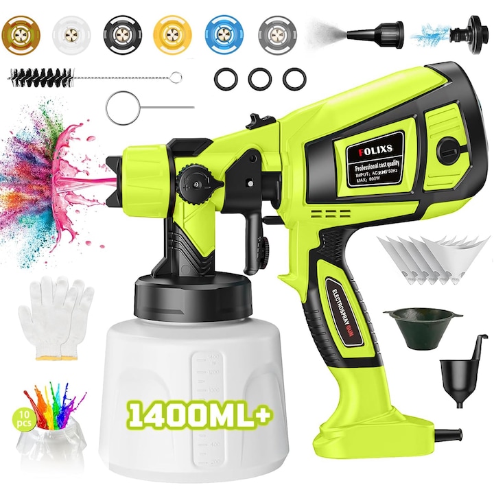 Elektromos festékszóró pisztoly, Folixs®, 800 W, 3 szórási mód, Állítható festék áramlási sebesség 0-1200 ml/perc, Állítható permetezési szélesség, 1400 ml-es tartály, 6 festékfúvóka, Könnyen tisztítható, Zöld