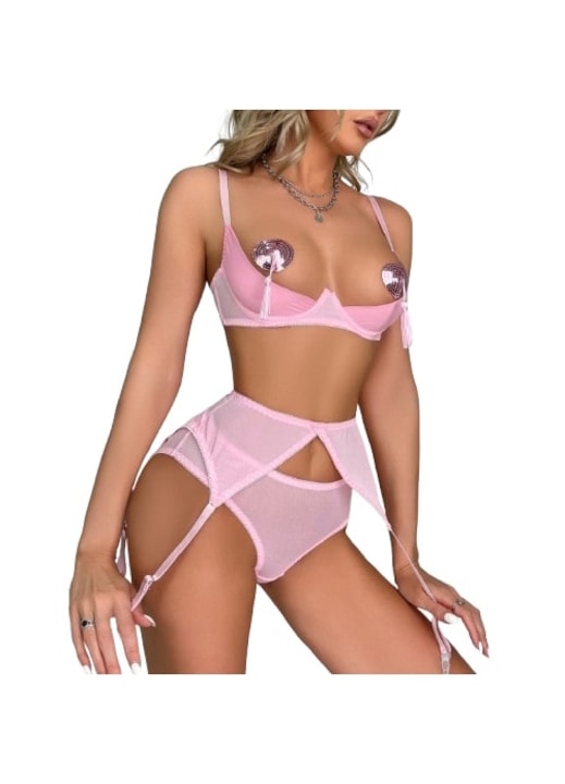 Комплект секси бельо, Дантела, Сутиен с полу чашка, Бикини, Колан с жартиери, Лепенки за зърна, Размер L, Розов