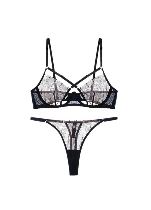 Set lenjerie sexy din dantela, bralette cu halter si chilot tanga, detalii criss-cross, negru, Negru