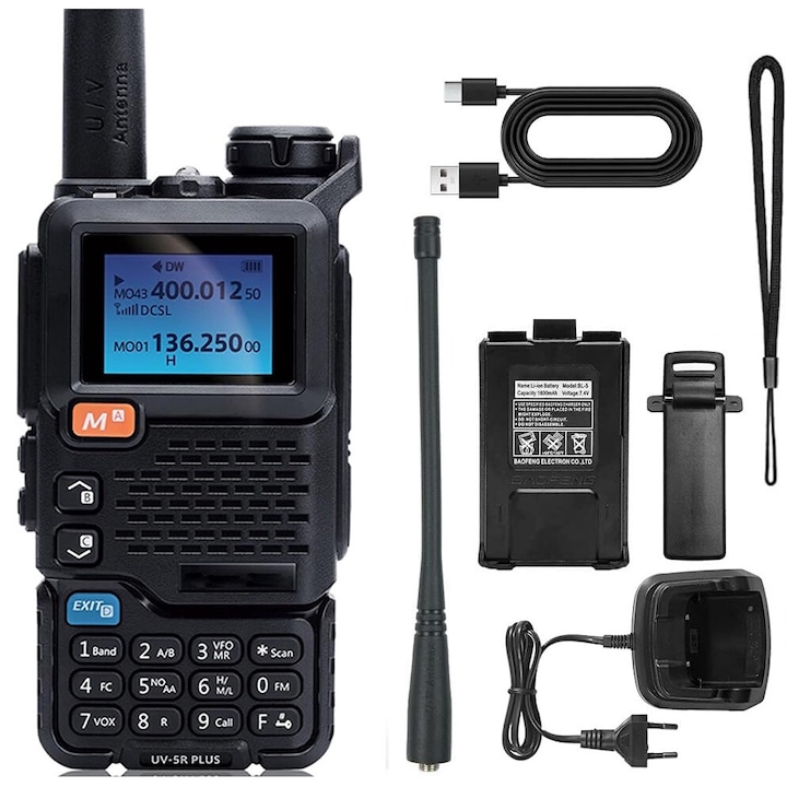 Комплект радиостанция weirsuky, UV-5R Plus, уоки-токи, VHF, UHF, FM, 144~148/430~440MHz, акумулаторна батерия 2200mAh, USB-C кабел, вградено LED фенерче, обхват на комуникация 10 км, 200 канала, черен