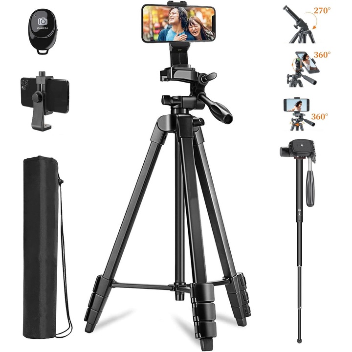 Trepied Foto Telescopic, BYONDSELF®, 180cm, Cap 3 Directii, Coloana Centrala Detasabila, Suport Telefon Rotativ, Telecomanda Bluetooth, Geanta de Transport, Compatibil cu Telefon/Camera/GoPro