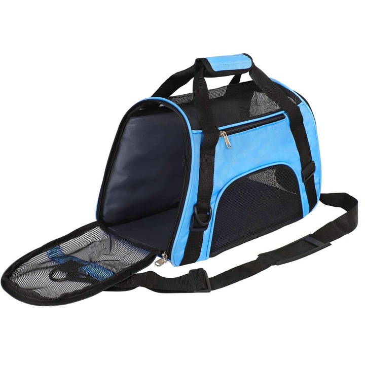 Чанта за носене на малки животни, SINBINTA, Пътна чанта за кученца за малки кучета, Одобрена за авиокомпании, Меки страни, Сгъваема, Издръжлива, Вентилационна мрежа, 48*26*31 см, Синя