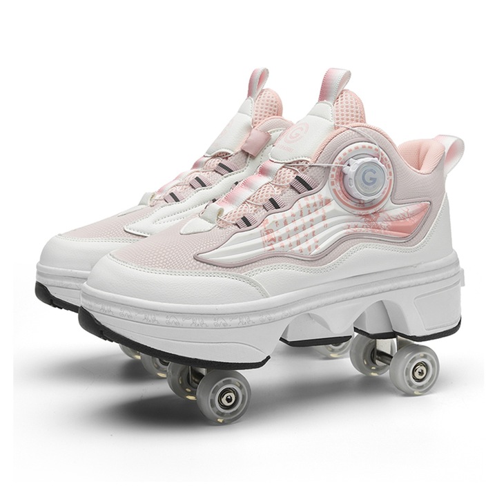 Ролкови кънки, Автоматични обувки за ходене с деформиращи се колела, прибиращи се невидими ролкови кънки с двуредови деформиращи се колела за момичета и момчета, 4 колела, Розово-бяло, размер 37