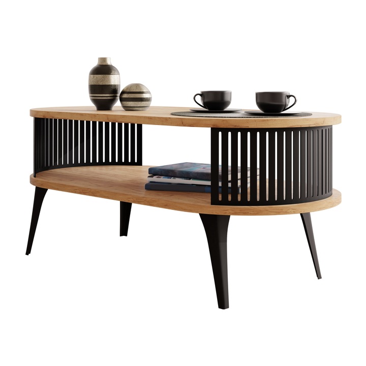 Masuta pentru cafea oval Mozimo, MIRJAN24, Negru / Stejar craft auriu, 50x44x100 cm