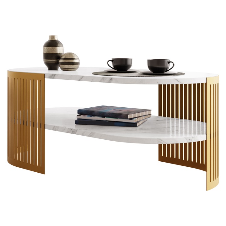 Masuta pentru cafea oval Zinzit Auriu II, MIRJAN24, Auriu / Marmura Bianco, 50x40x100 cm