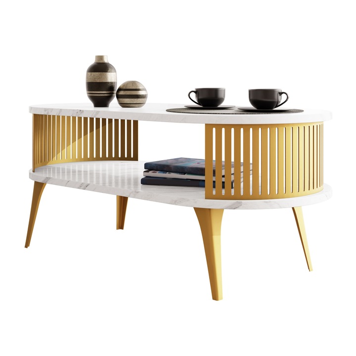 Masuta pentru cafea oval Mozimo Auriu, MIRJAN24, Auriu / Marmura Bianco, 50x44x100 cm