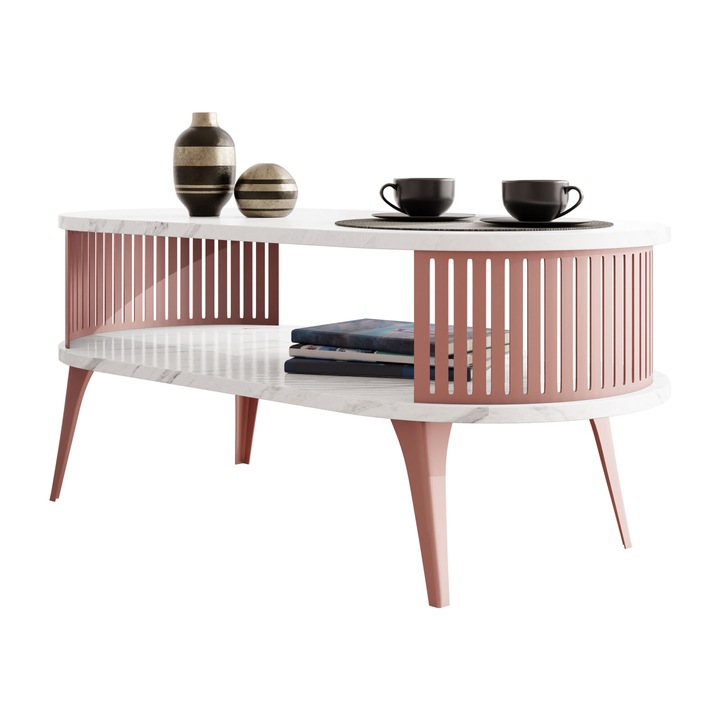 Masuta pentru cafea oval Mozimo Ember, MIRJAN24, Kupfer / Marmura Bianco, 50x44x100 cm