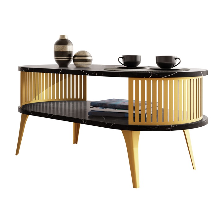 Masuta pentru cafea oval Mozimo Auriu, MIRJAN24, Auriu / Black Pietra Grigia, 50x44x100 cm