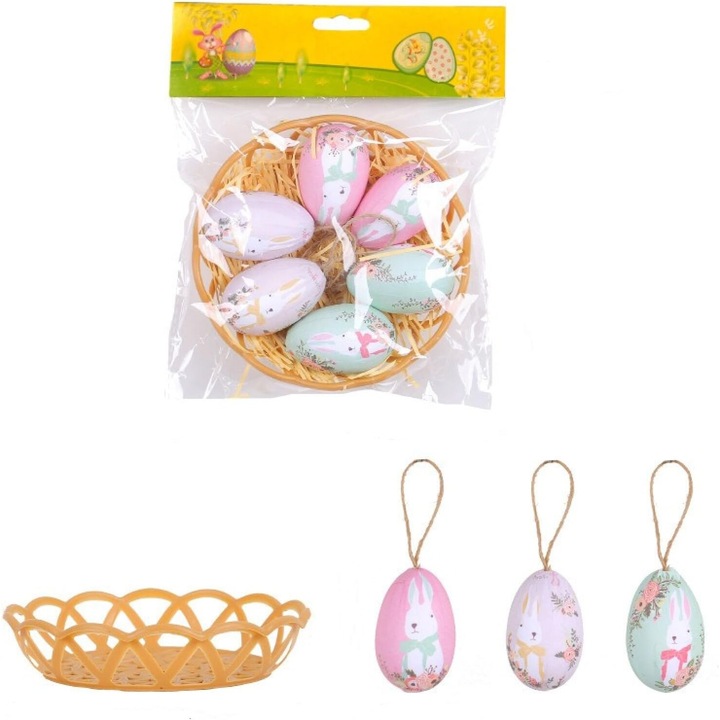 Комплект от 6 декоративни великденски яйца Feicaeesa, С кошница, могат да се закачат, 6x4 см, многоцветни, Шарка бял заек