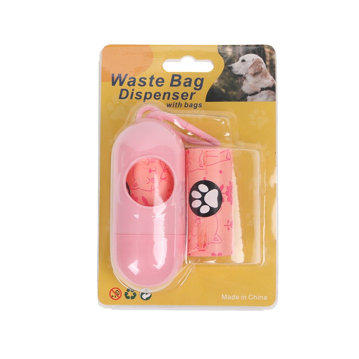 Dispenser pentru pungi de caine, 2 role pungi, 10x4.5x4cm, roz