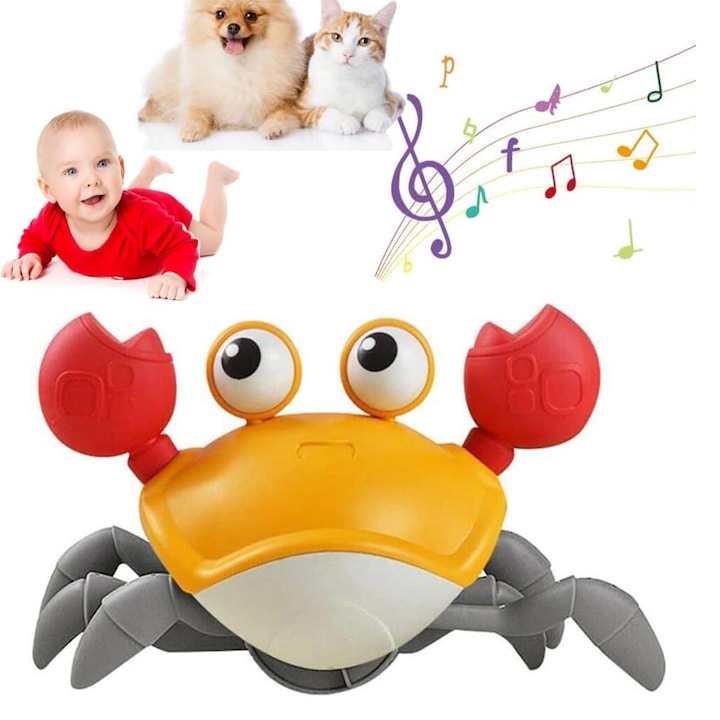 Crab mergator, Jucarie interactiva pentru copii, crab mergator cu lumini, sunete si senzori miscare 3 ani+, senzor de miscare, 23x14x11 cm, galben