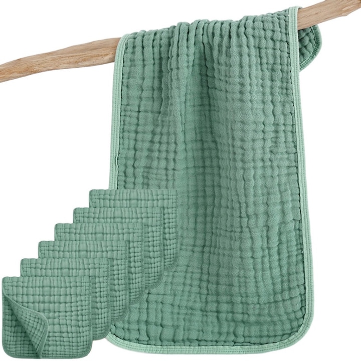 Set 6 prosoape din muselina pentru copii, 50x25cm, 100% bumbac, verde