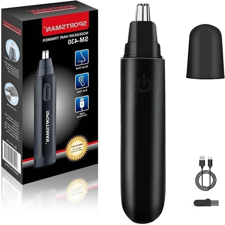 Masina de tuns pentru nas, Trimmer pentru nas si urechi SM-430, Baterii, Lavabil, multifunctional, cu cap separat pentru nas, wireless, autonomie 1-1.5h, incarcare USB Type C