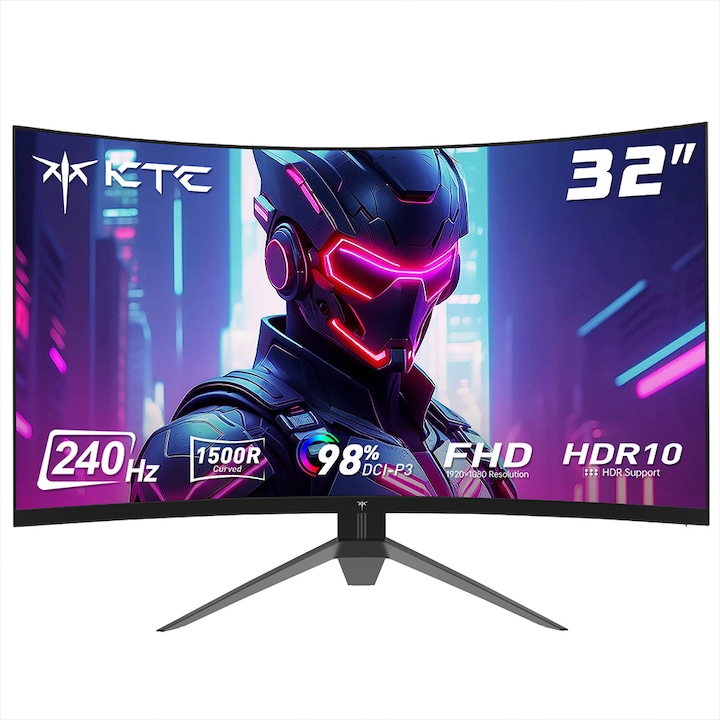 Монитор Gaming KTC H32S17F, 32'' Curved, 1920x1080, 240Hz, 125% sRGB, черен, VESA 100x100mm, 3500:1, адаптивна синхронизация, HDR10, време за реакция 3 ms, 2*HDMI 2.0, 1*DP 1.4, 1*USB 2.0, 1*аудио