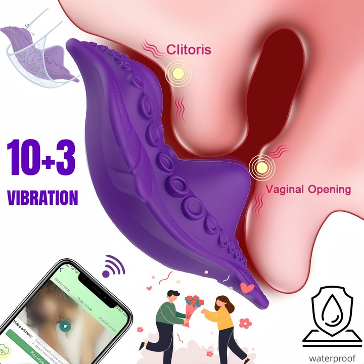 Vibrator portabil pentru chiloti, EXCITAT®, Jucarie sexuala cu 10+3 moduri de vibratie, USB, Cu telecomanda, Silentios, Stimulator cu doua motoare pentru clitoris si punctul G, Vibrator mic monstru marin, Rezistent la apa, Control APP, Violet